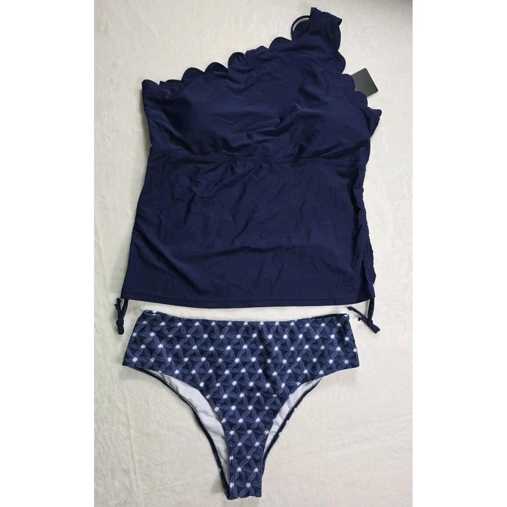 NWT Women's 2XL Navy One Shoulder Tankini Set Scallop Trim Swimwear